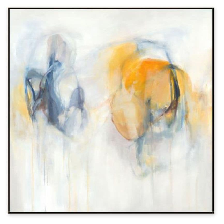Abstract giclee painting with soft blue and warm yellow brushstrokes on a white background, framed in black.