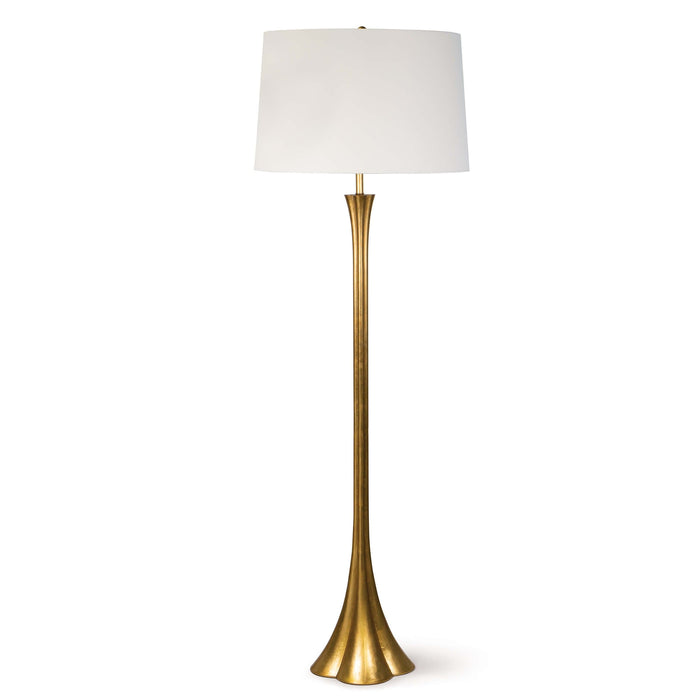 Lillian floor lamp with a sleek, modern brass silhouette and a natural linen shade.