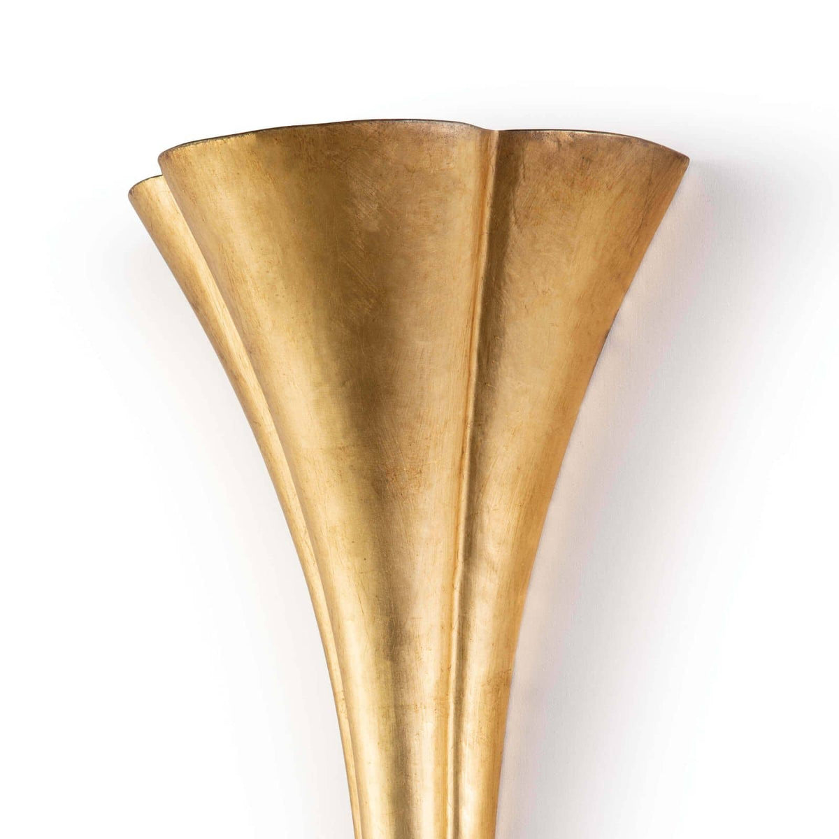 Gilded Art Deco Lillian sconce with a trumpet-style silhouette, 25" tall, on a white wall.
