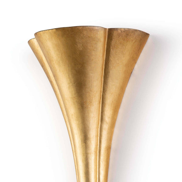 Gilded Art Deco Lillian sconce with a trumpet-style silhouette, 25" tall, on a white wall.
