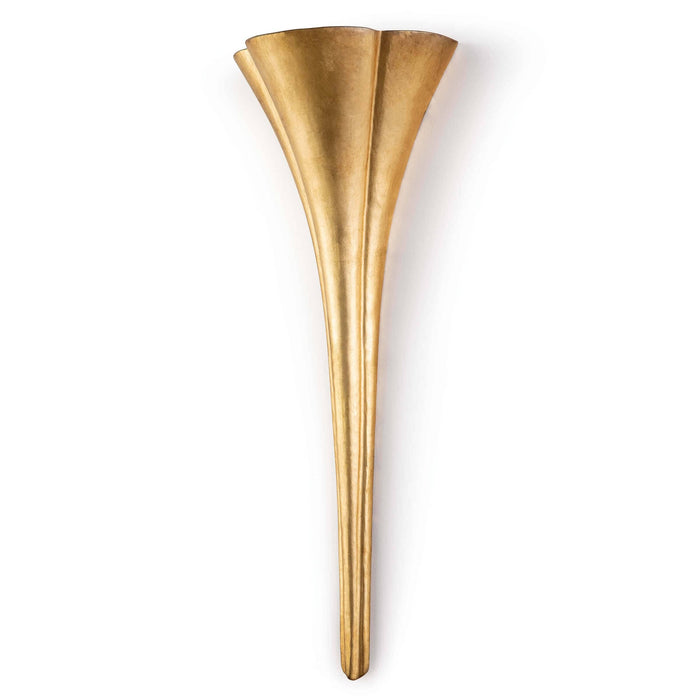 Gilded Art Deco Lillian sconce, 25" tall, with a trumpet-style silhouette and vintage feel.