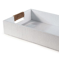 Small white rectangular Logia tray with textured finish and rope-wrapped handle.