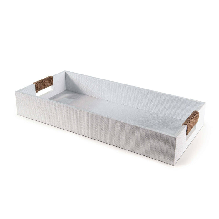 Small white rectangular Logia tray with textured sides and rope-wrapped handles.