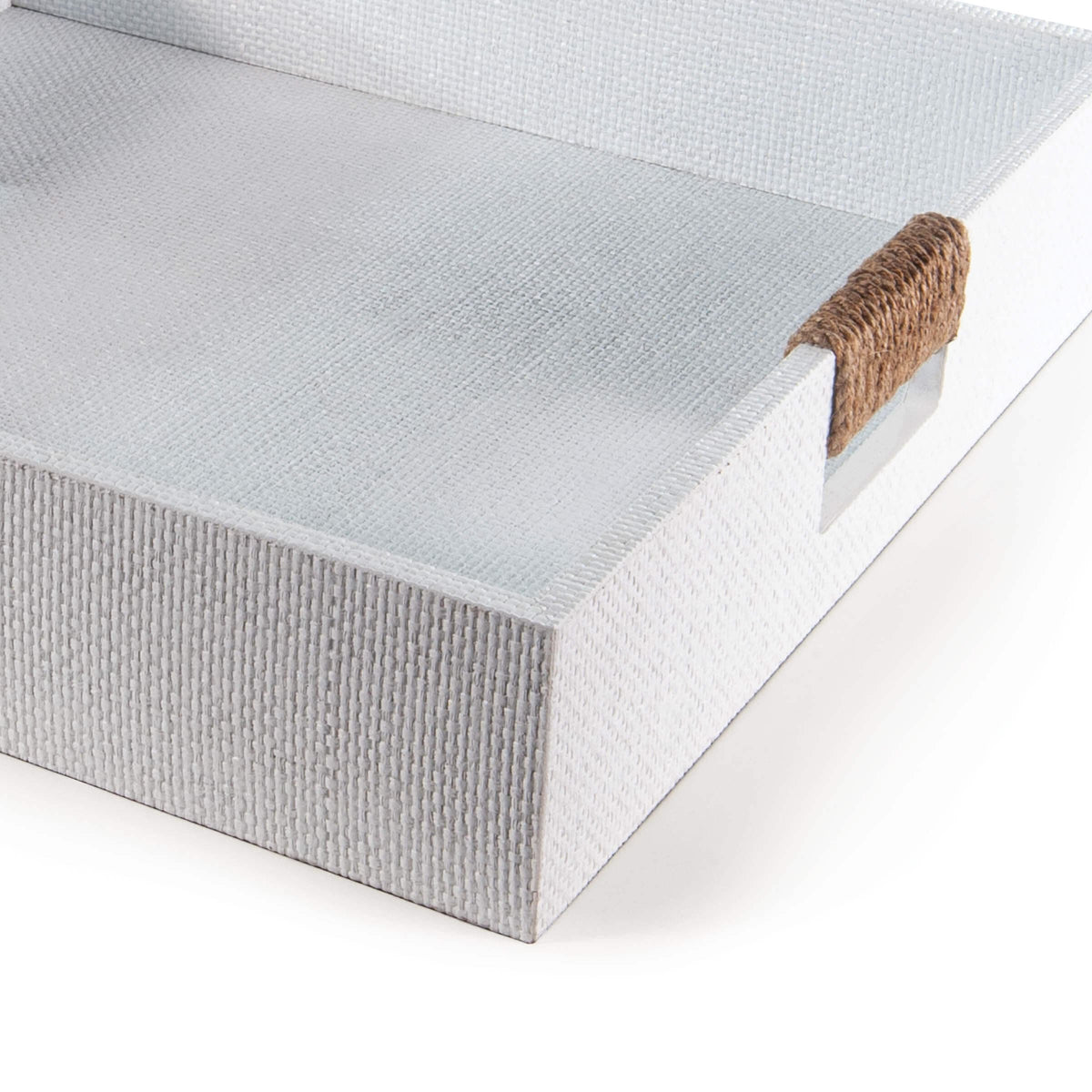Large white square Logia tray with unique resin rattan texture and rope-wrapped handles.