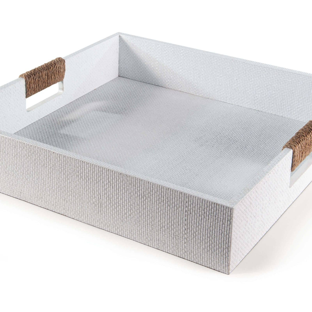 Large white square Logia tray with unique resin rattan texture and rope-wrapped handles.