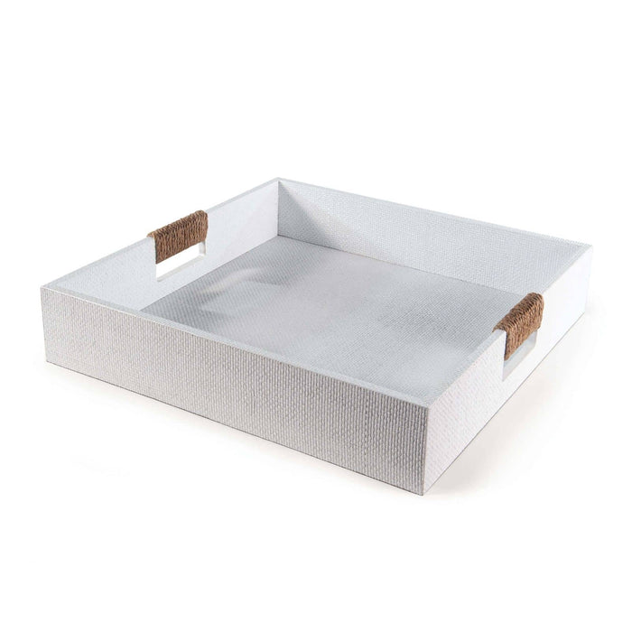 Large white square Logia tray with unique resin rattan texture and rope-wrapped handles.