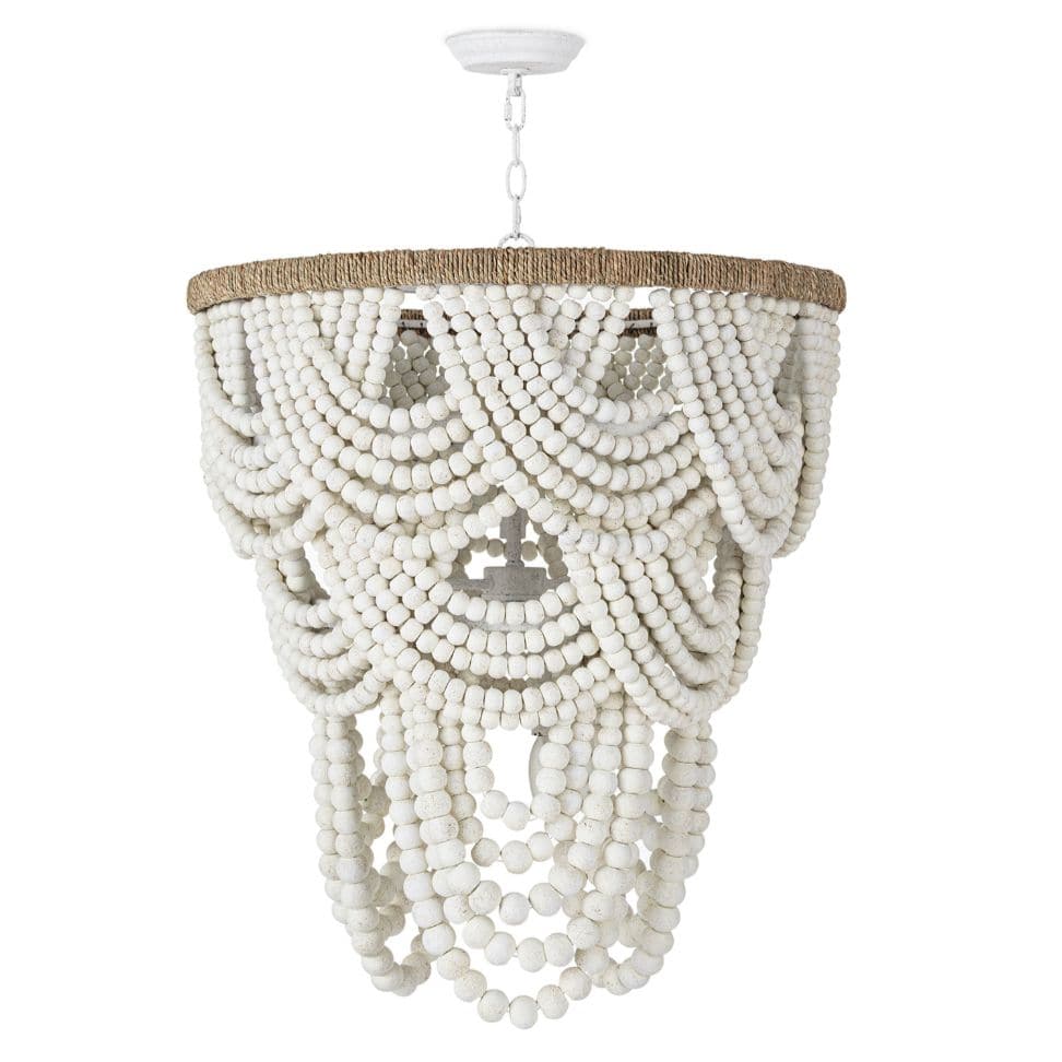 Lorelei white wood bead chandelier with cascading layers and a jute-wrapped circular frame.