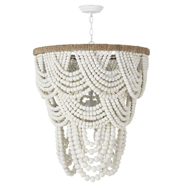 Lorelei white wood bead chandelier with cascading layers and a jute-wrapped circular frame.