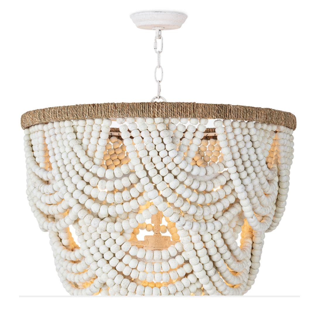 Lorelei white wood bead chandelier with cascading layers and a jute-wrapped circular frame.