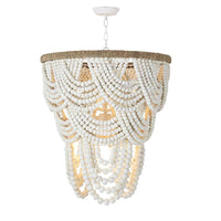 White Lorelei wood bead chandelier with cascading layers and a jute-wrapped circular frame.
