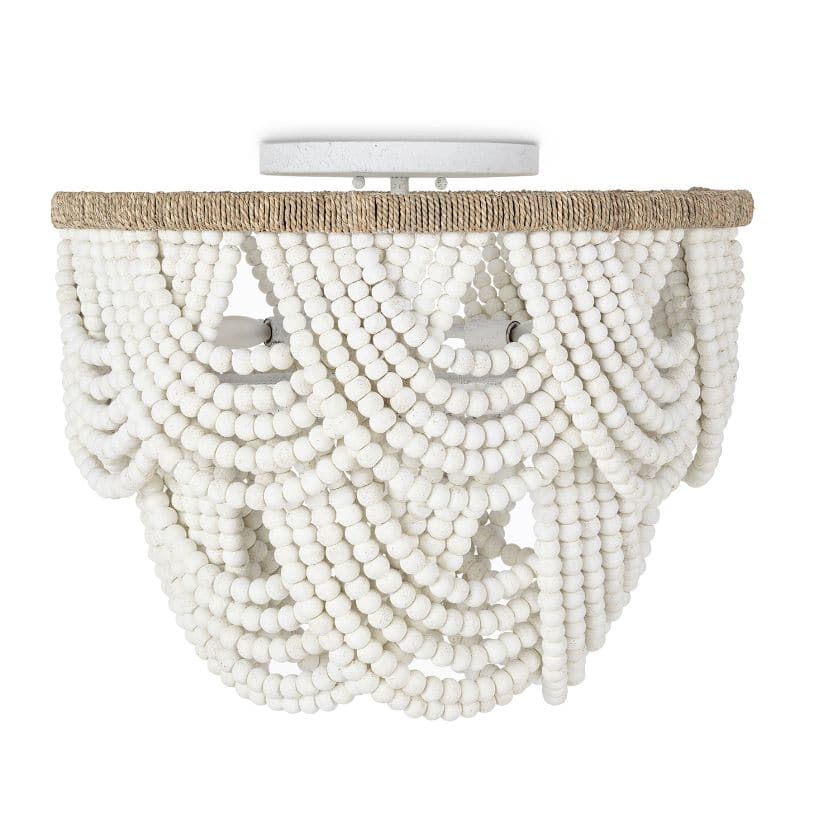 Lorelei white wood bead flush mount light with cascading distressed beads and a jute-wrapped frame.