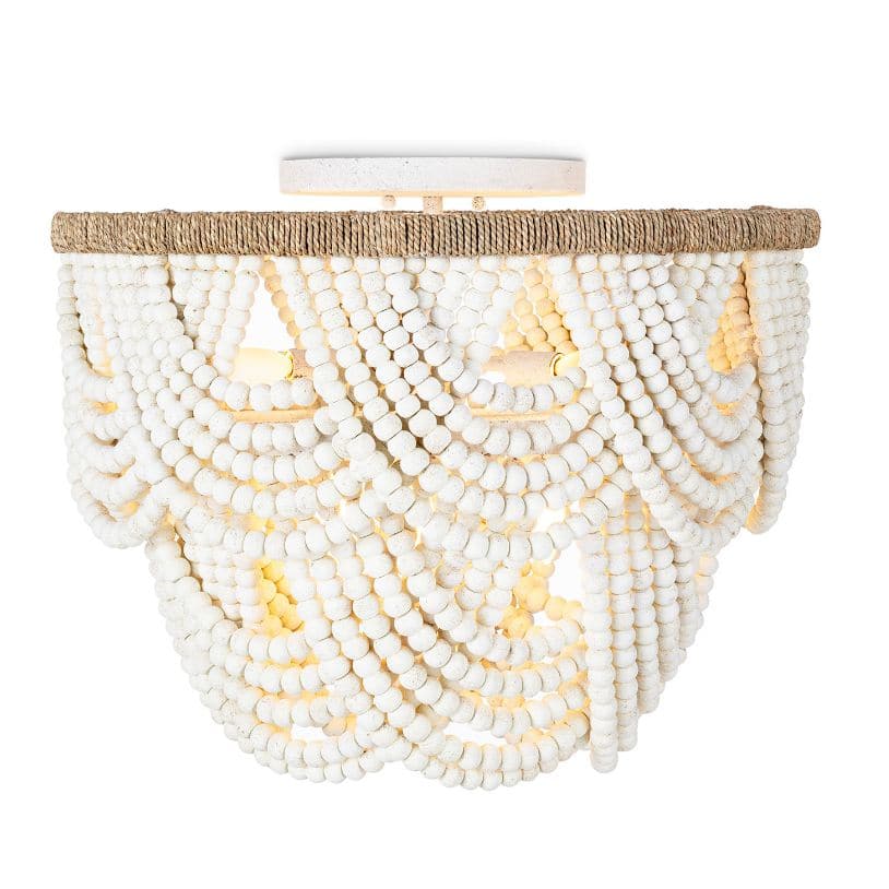 Lorelei 24" white wood bead flush mount light with a jute-wrapped frame and cascading beads.