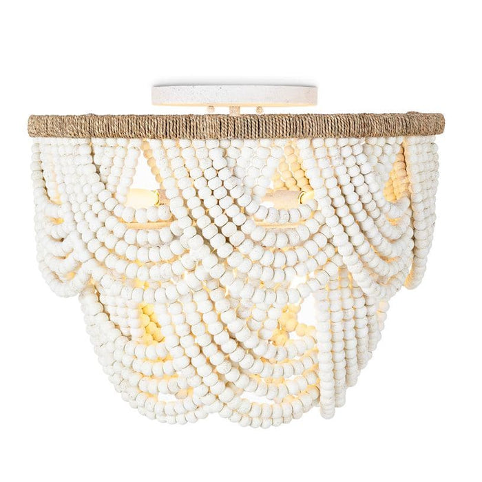 Lorelei 24" white wood bead flush mount light with a jute-wrapped frame and cascading beads.