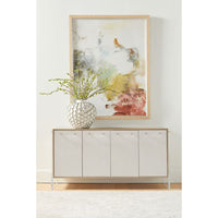 Lorin Pearl Shagreen & Lucite Media Sideboard with pearl white faux shagreen doors, acrylic handles, and natural gray acacia frame.