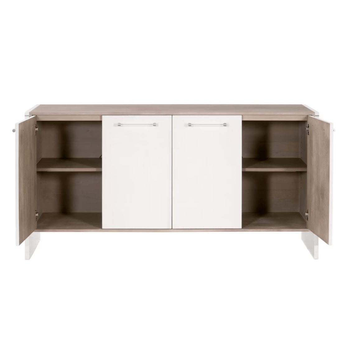 Lorin Pearl Shagreen & Lucite Media Sideboard with open doors, pearl white finish, and natural gray acacia frame.