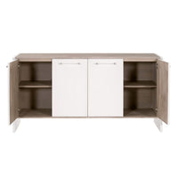 Lorin Pearl Shagreen & Lucite Media Sideboard with open doors, pearl white finish, and natural gray acacia frame.