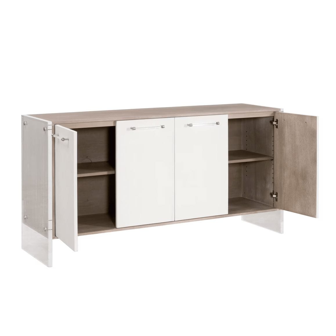 Lorin Pearl Shagreen & Lucite Media Sideboard with open doors, pearl white finish, and clear acrylic accents.