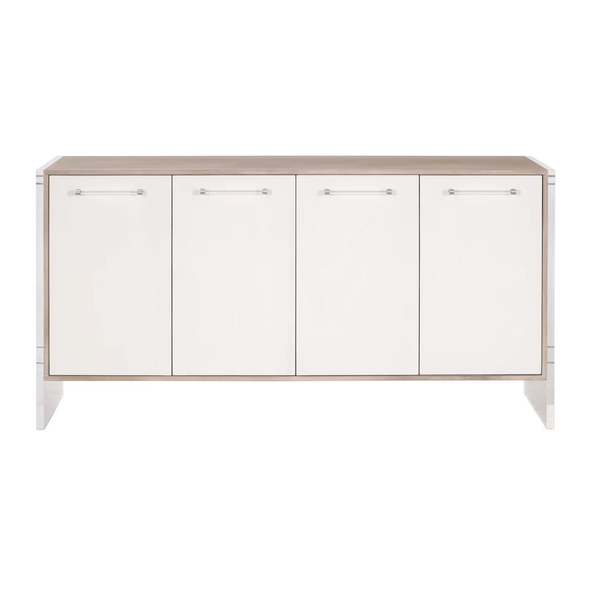 Lorin Pearl Shagreen & Lucite Media Sideboard with four white doors, clear acrylic handles, and a natural gray acacia frame.