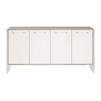 Lorin Pearl Shagreen & Lucite Media Sideboard with four white doors, clear acrylic handles, and a natural gray acacia frame.
