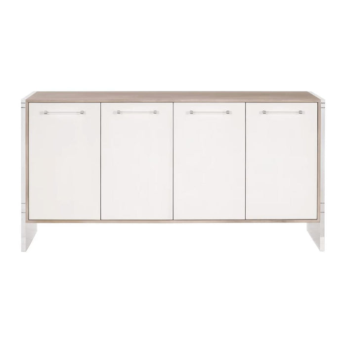 Lorin Pearl Shagreen & Lucite Media Sideboard with four white doors, clear acrylic handles, and a natural gray acacia frame.