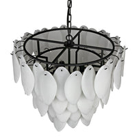 Black and brass lotus petal chandelier with three tiers of white milk glass petals.
