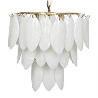 Black/Brass Lotus Petal Chandelier with three tiers of white milk glass petals and an antique brass finish.