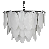 Black and brass lotus petal chandelier with three tiers of white milk glass petals.
