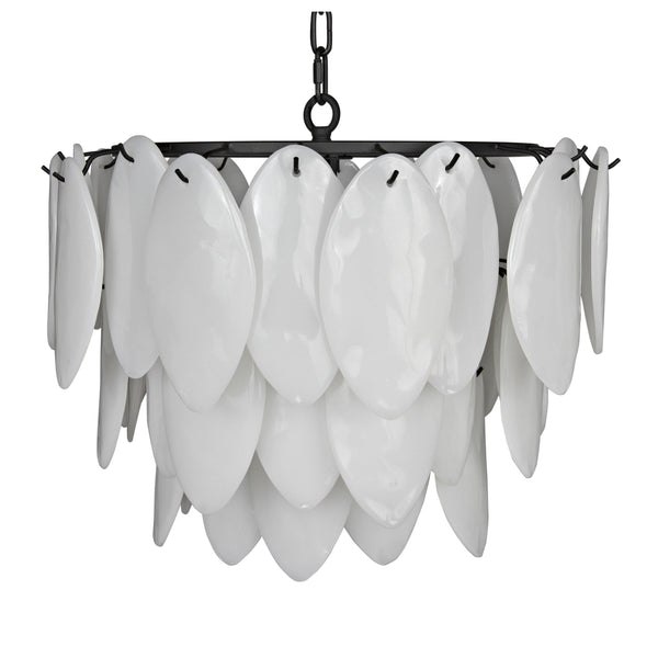 Black and brass lotus petal chandelier with three tiers of white milk glass petals.