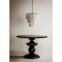 Modern black/brass Lotus Petal Chandelier with three tiers of milk glass petals.