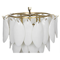 Lotus Petal Chandelier with three tiers of white glass petals and an antique brass frame.