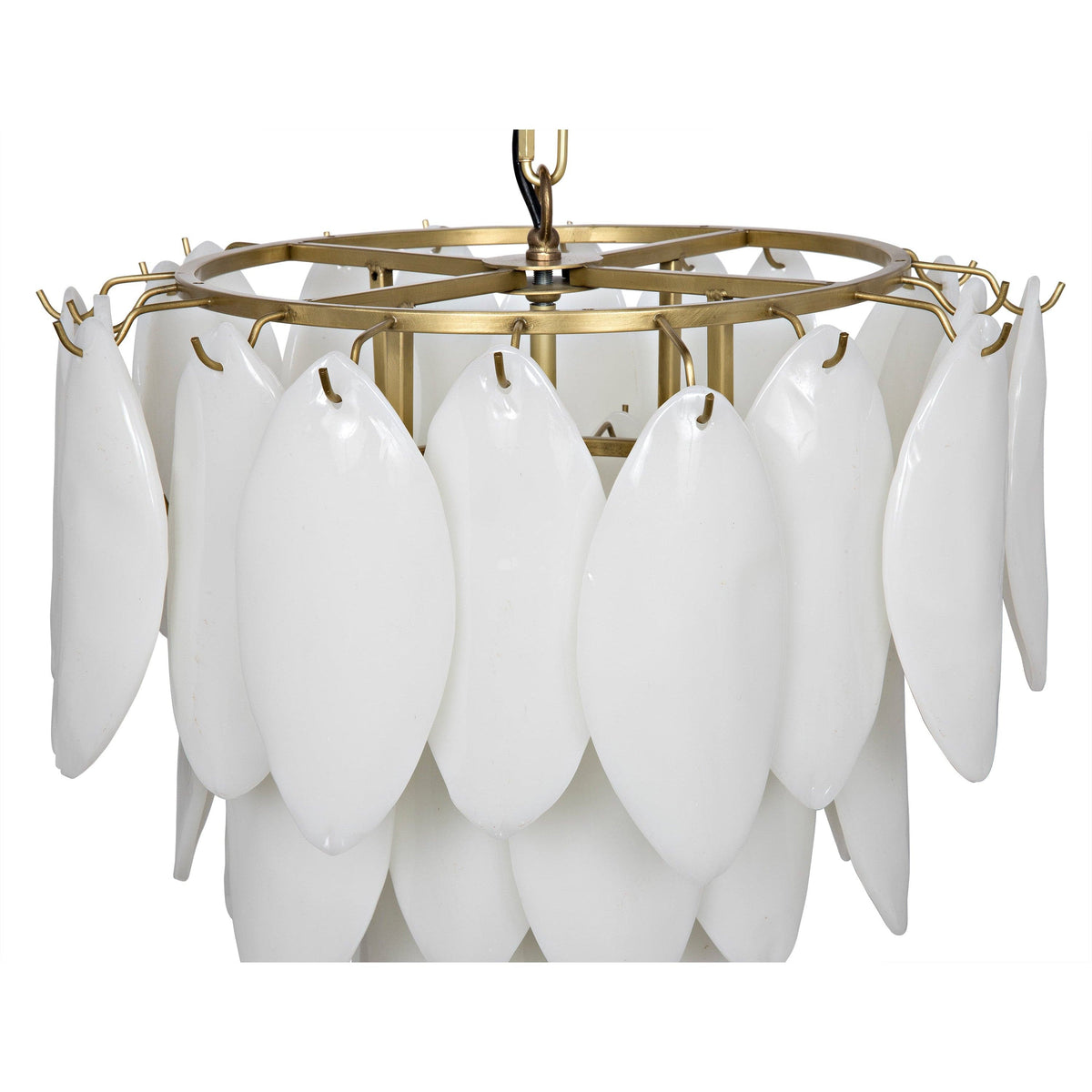 Modern black/brass Lotus Petal Chandelier with three tiers of white milk glass petals.