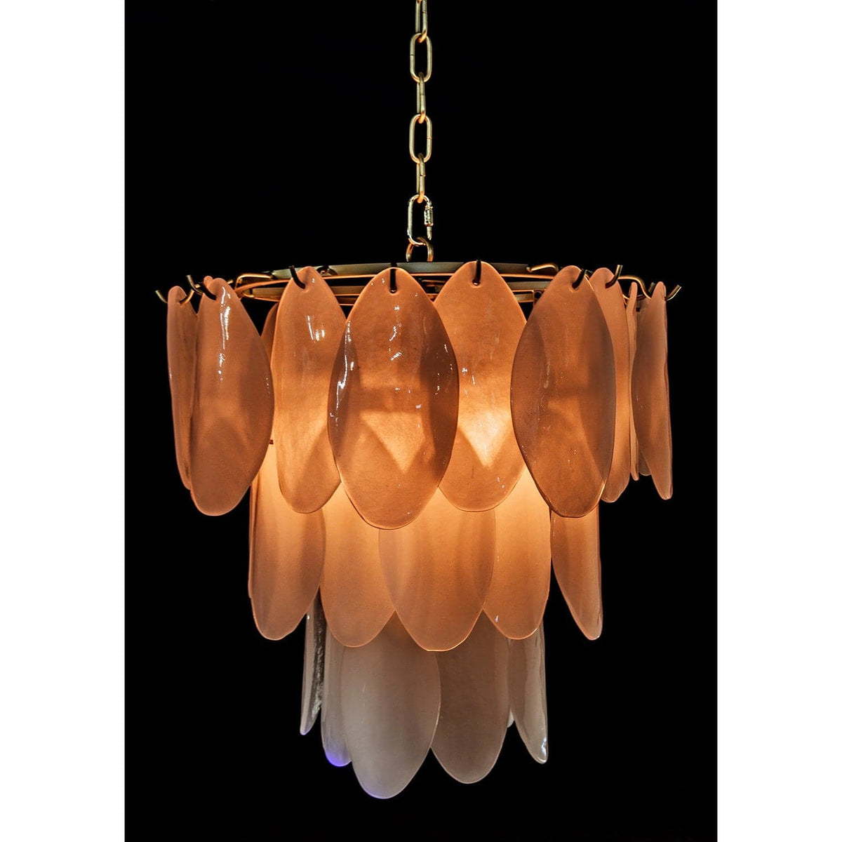 Lotus Petal Chandelier with three tiers of handcrafted glass petals and an antique brass frame.