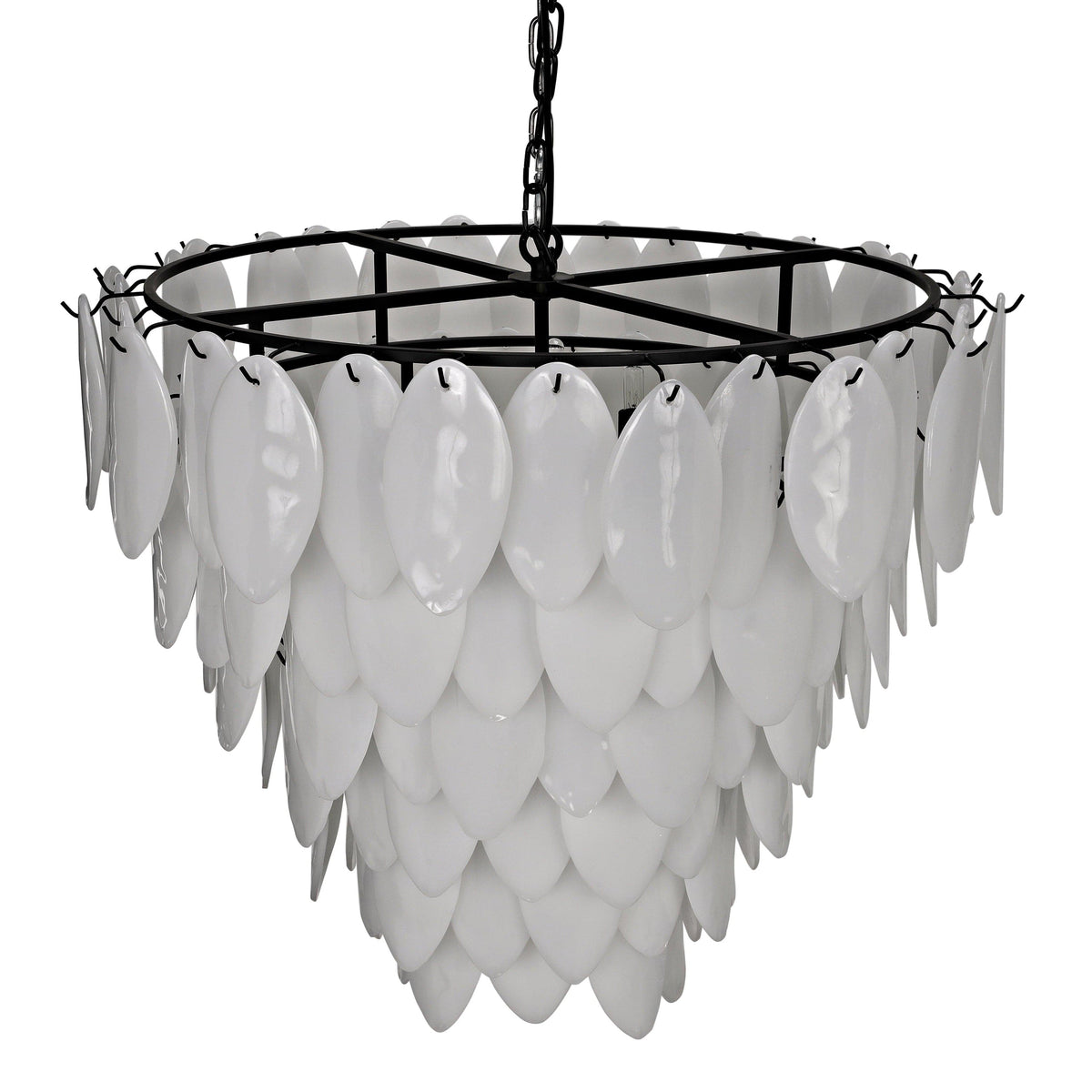 Black and brass Lotus Petal Chandelier with three tiers of white milk glass petals.