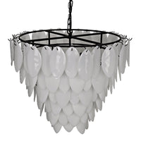 Black and brass Lotus Petal Chandelier with three tiers of white milk glass petals.