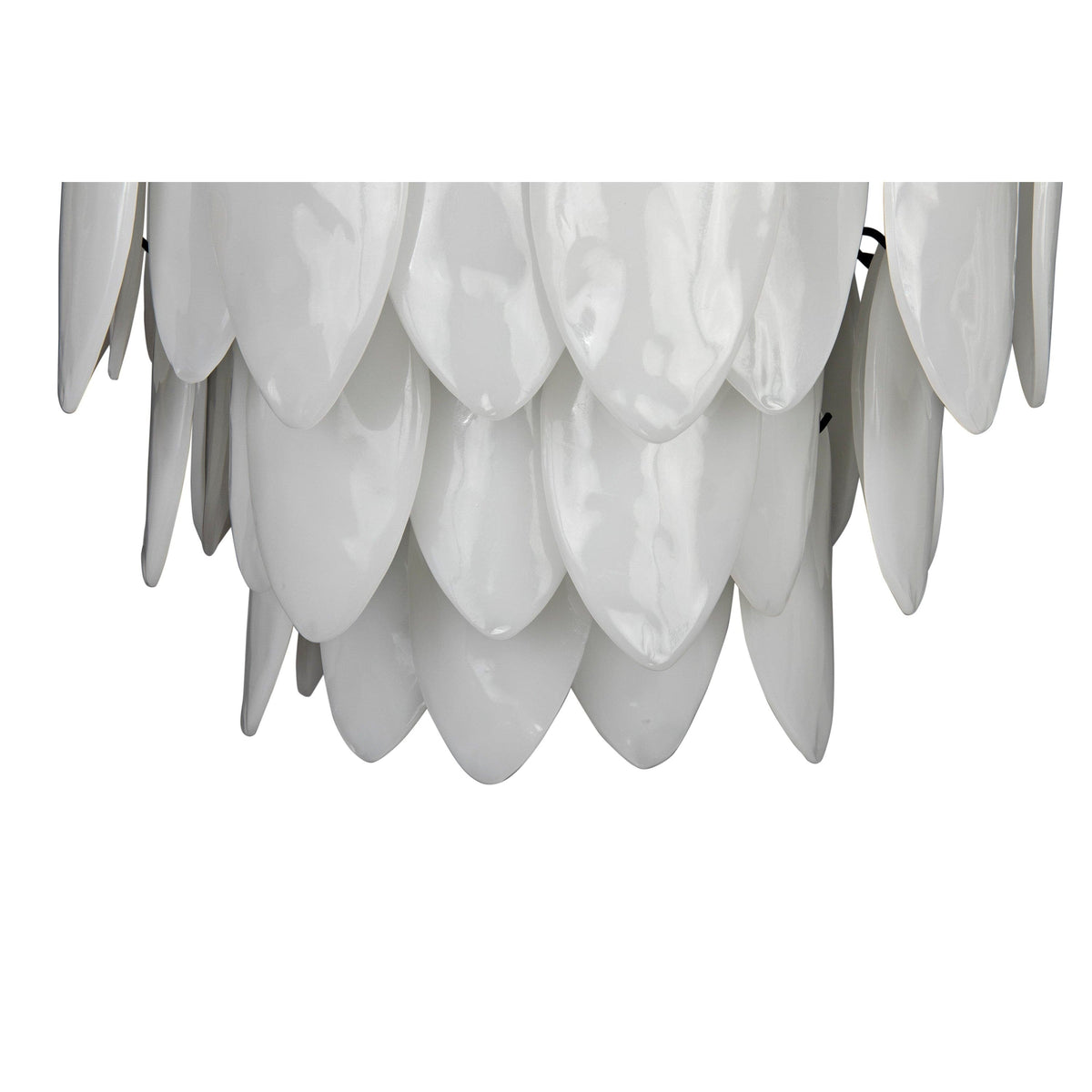 Modern black/brass chandelier with three tiers of white milk glass lotus petals.