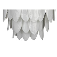 Modern black/brass chandelier with three tiers of white milk glass lotus petals.