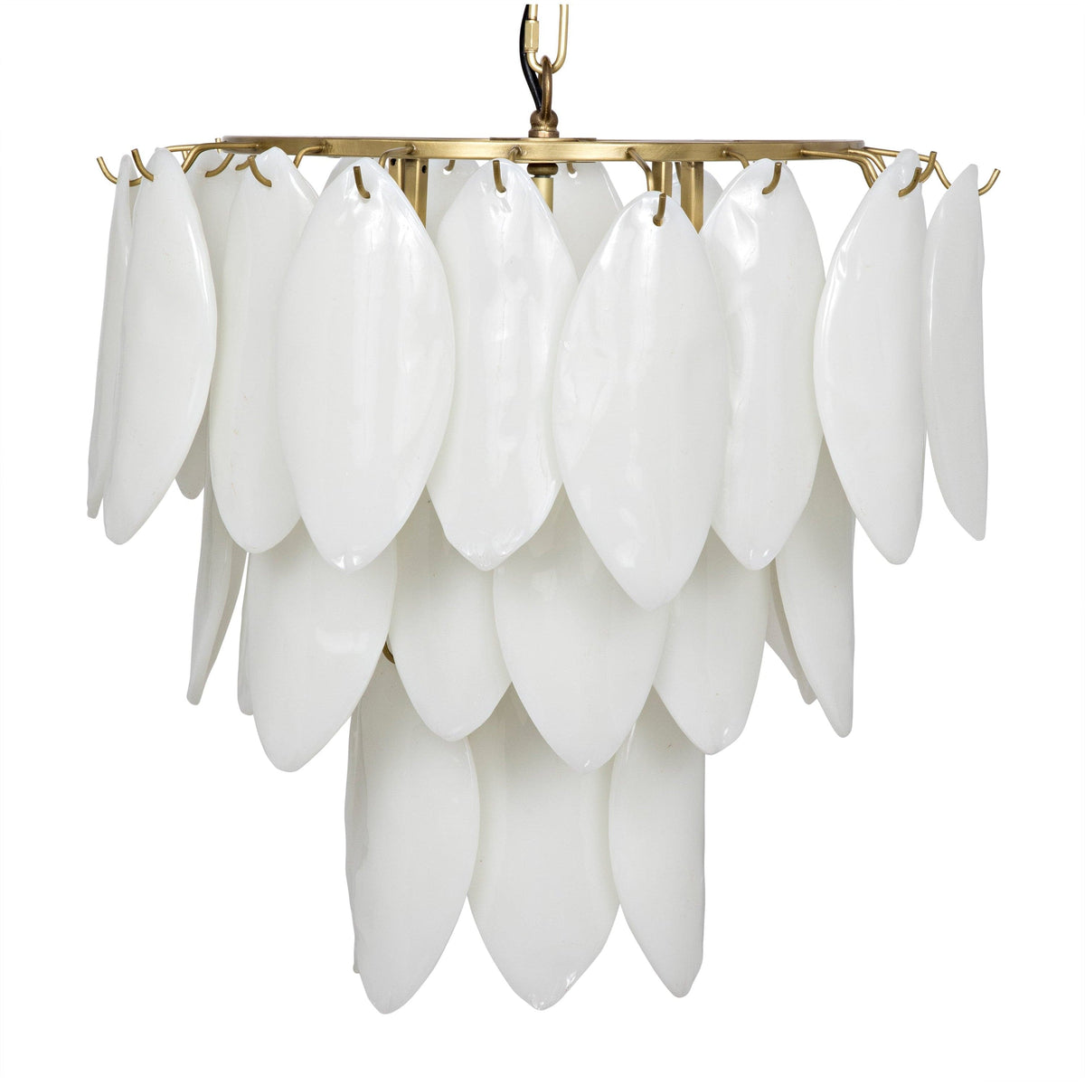 Three-tier Lotus Chandelier with handcrafted white glass petals and an antique brass frame.
