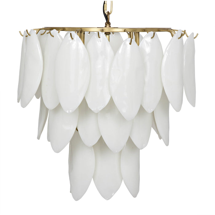 Three-tier Lotus Chandelier with handcrafted white glass petals and an antique brass frame.
