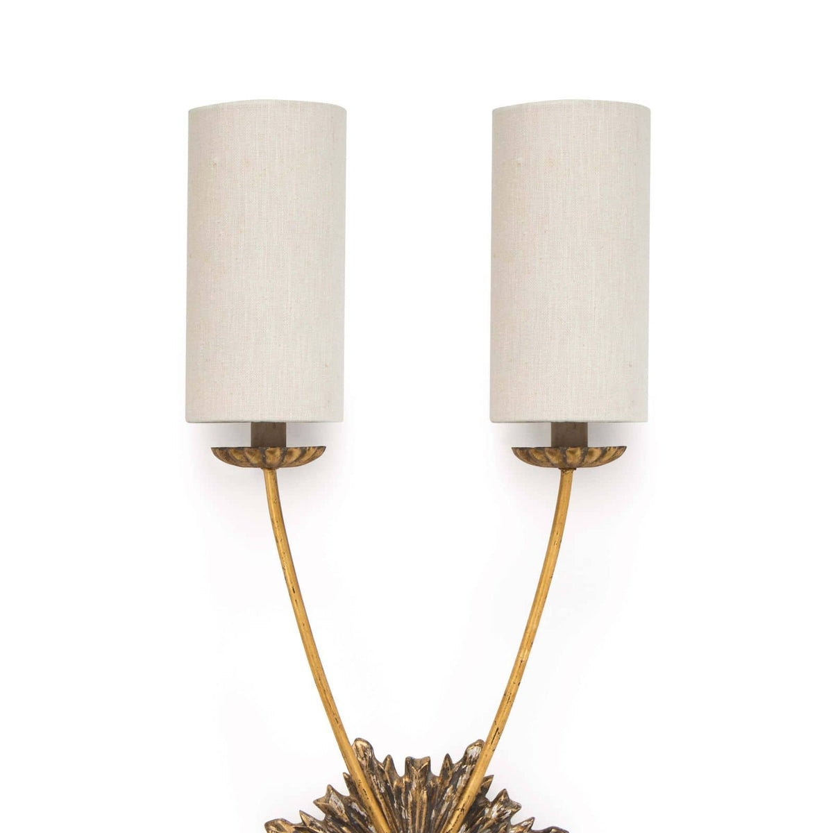 Louis Sconce: Ornate birch wood sconce with antique brass hardware and two linen shades.