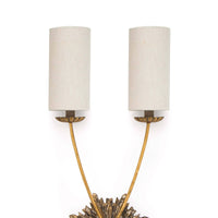 Louis Sconce: Ornate birch wood sconce with antique brass hardware and two linen shades.