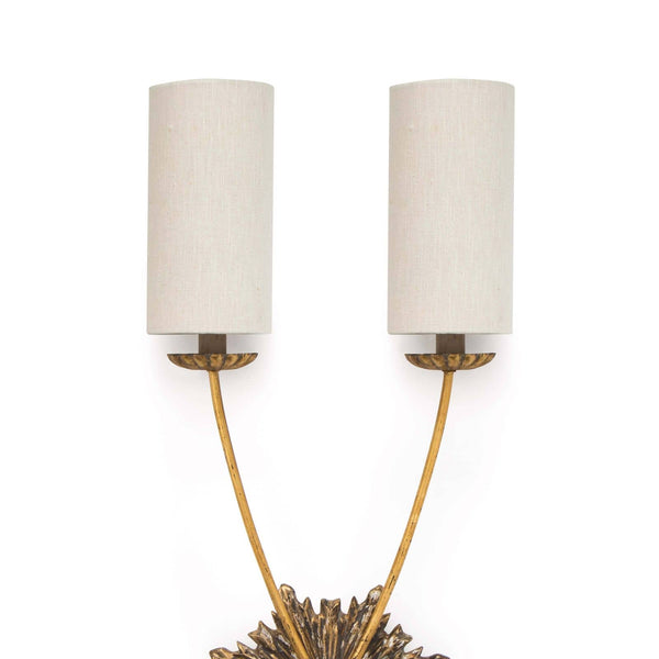 Louis Sconce: Ornate birch wood sconce with antique brass hardware and two linen shades.