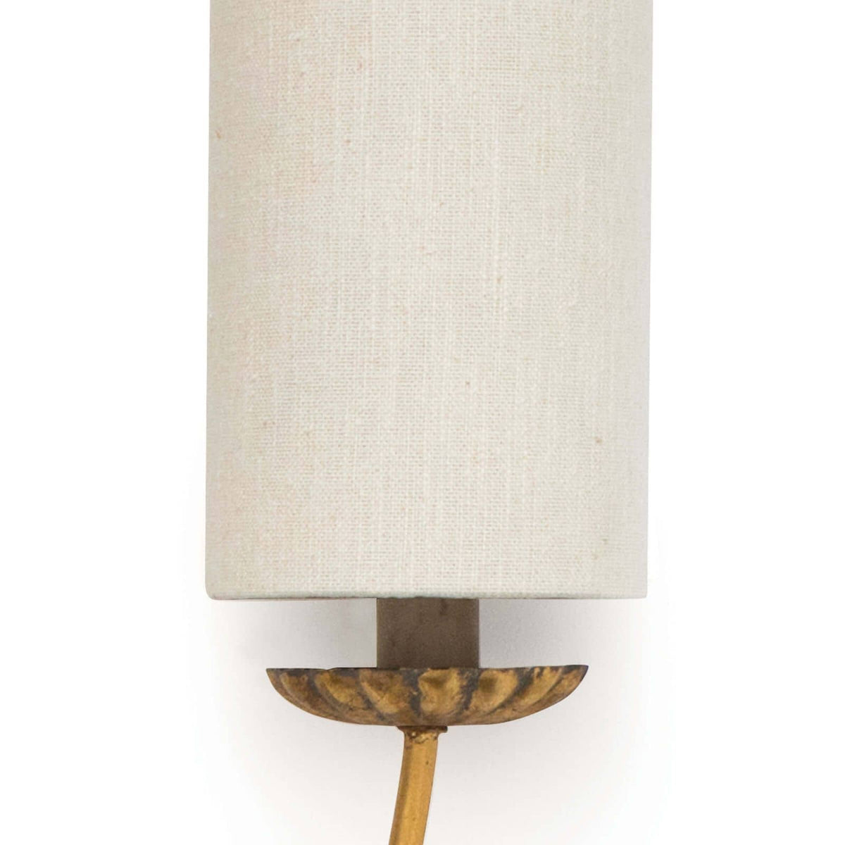 Louis Sconce: antique brass wall light with a hand-painted ornate birch wood body and linen shade.