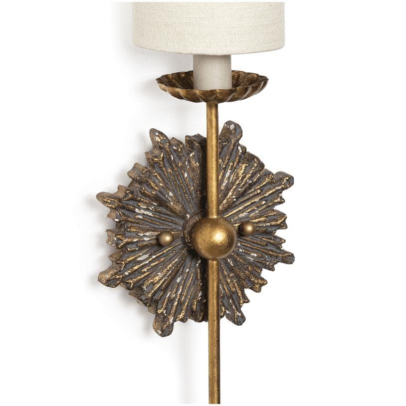 Louis Sconce Single, antique-inspired ornate birch wood body with gold finish and linen shade.
