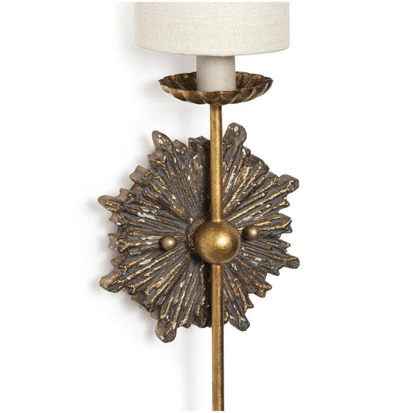 Louis Sconce Single, antique-inspired ornate birch wood body with gold finish and linen shade.