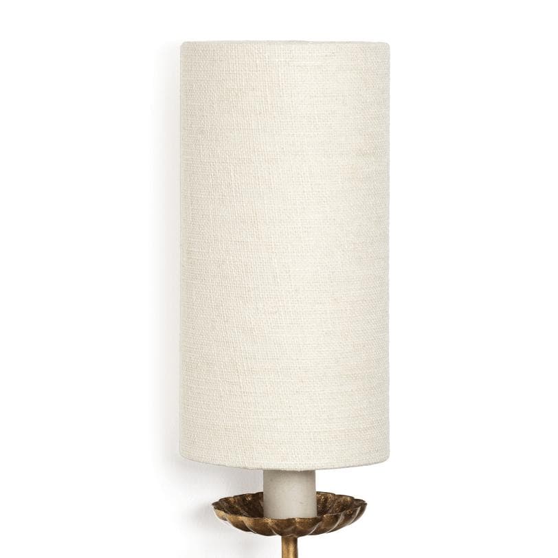 Louis Sconce Single: ornate birch wood body, polished brass accents, and a cream linen shade.