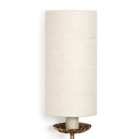 Louis Sconce Single: ornate birch wood body, polished brass accents, and a cream linen shade.
