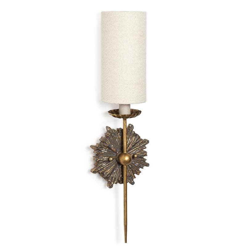Louis Sconce Single, antique-inspired ornate birch wood body with a linen shade.