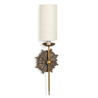 Louis Sconce Single, antique-inspired ornate birch wood body with a linen shade.