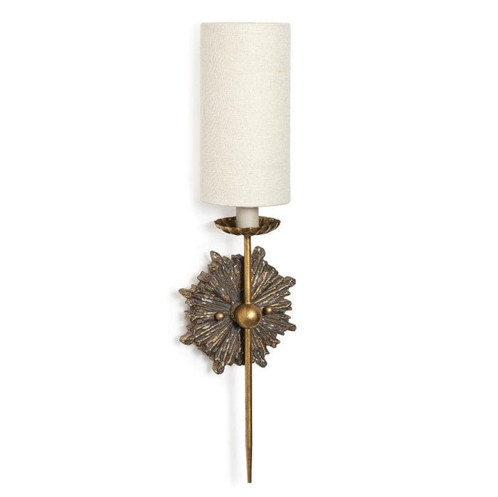 Louis Sconce Single, antique-inspired ornate birch wood body with a linen shade.