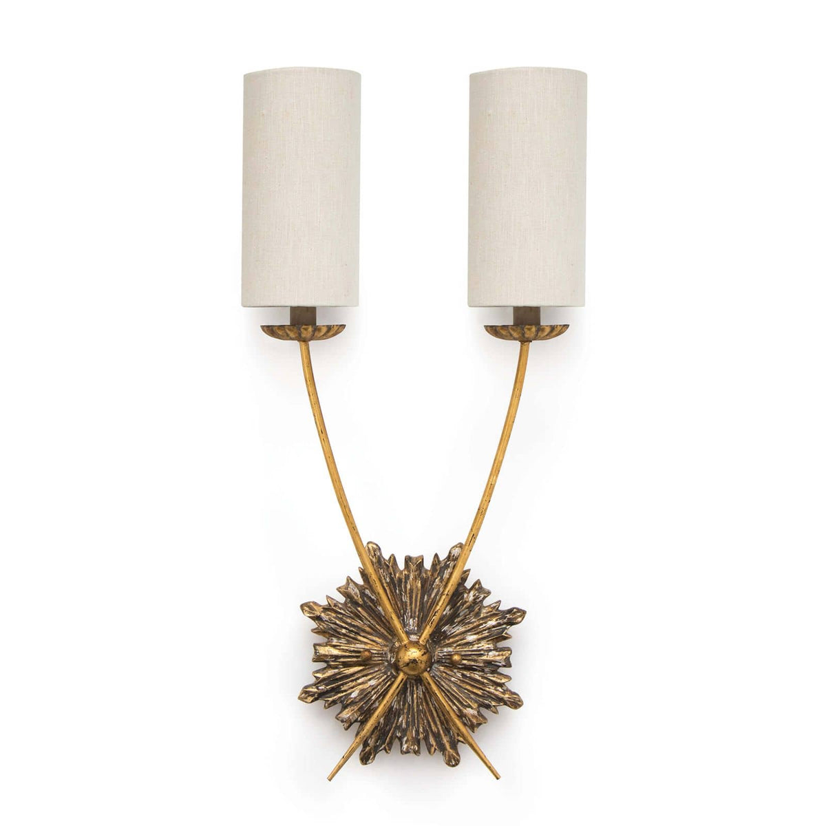 Louis Sconce with ornate birch wood body, antique brass hardware, and two linen shades.